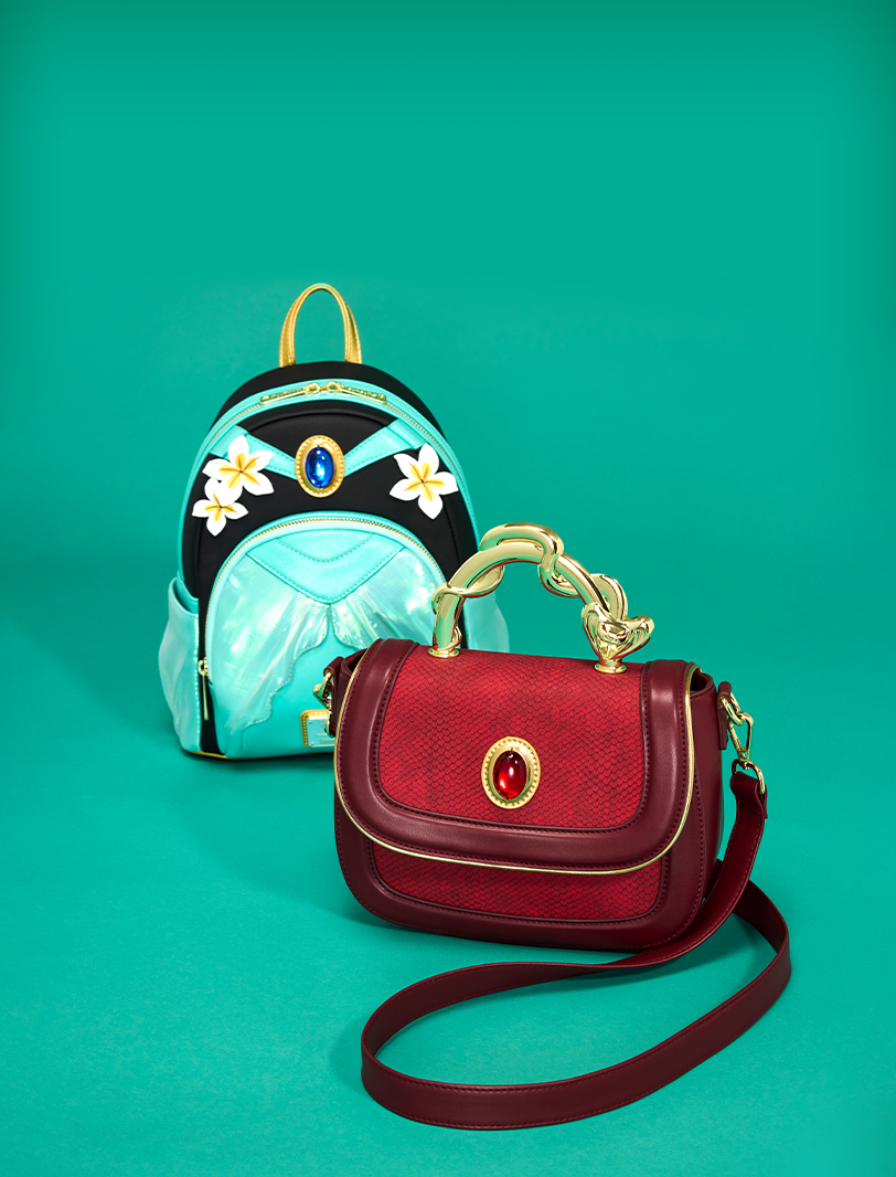 Teal background featuring Loungefly Disney Aladdin Princess Jasmine collection
