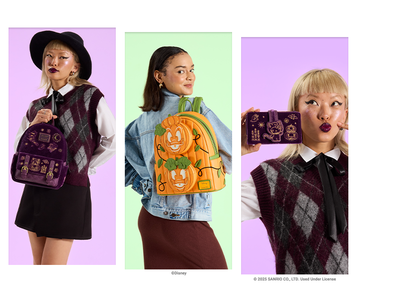 Collage of models showcasing Loungefly Fall/Halloween collection including styles inspired by Sanrio and Disney characters