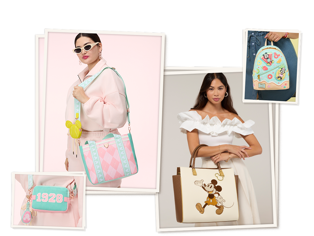 Collage of models showcasing Loungefly Disney Mickey & Friends summer collection
