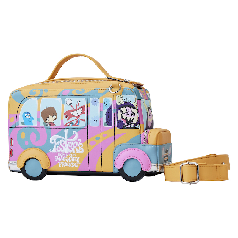 Image of a figural crossbody bag in the shape of a bus that says "Foster's Home for Imaginary Friends" on it with different imaginary friends characters seen from the windows of the bus.