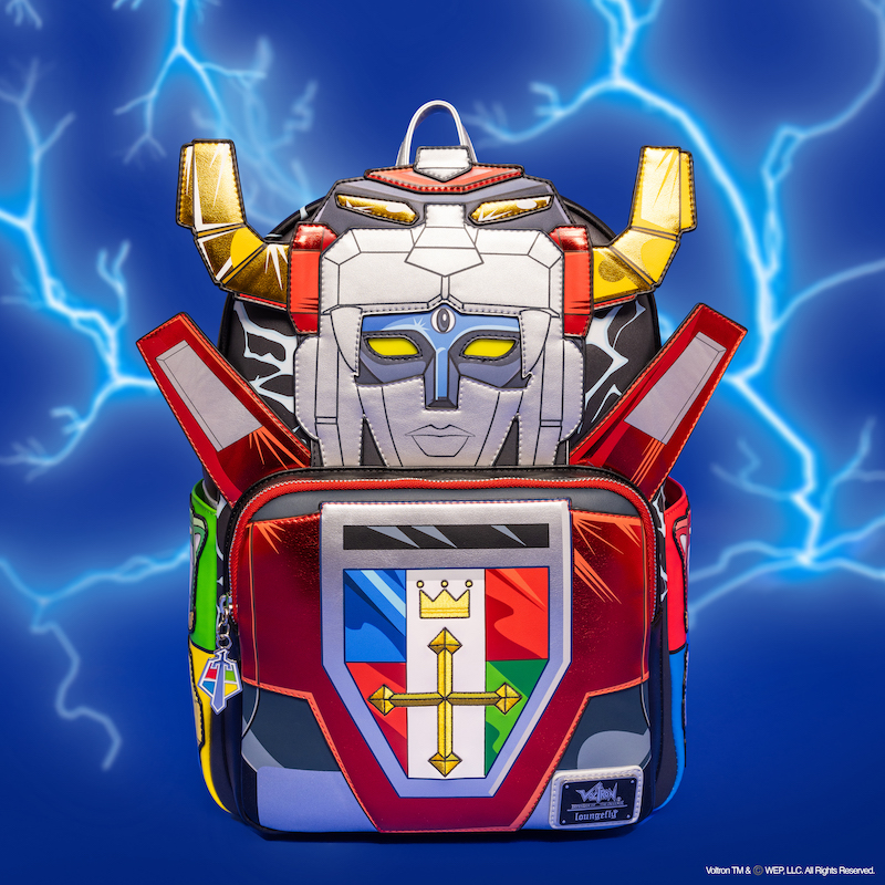 Full-size backpack featuring Voltron on the front. The bag sits against a blue background with lightning strikes. 