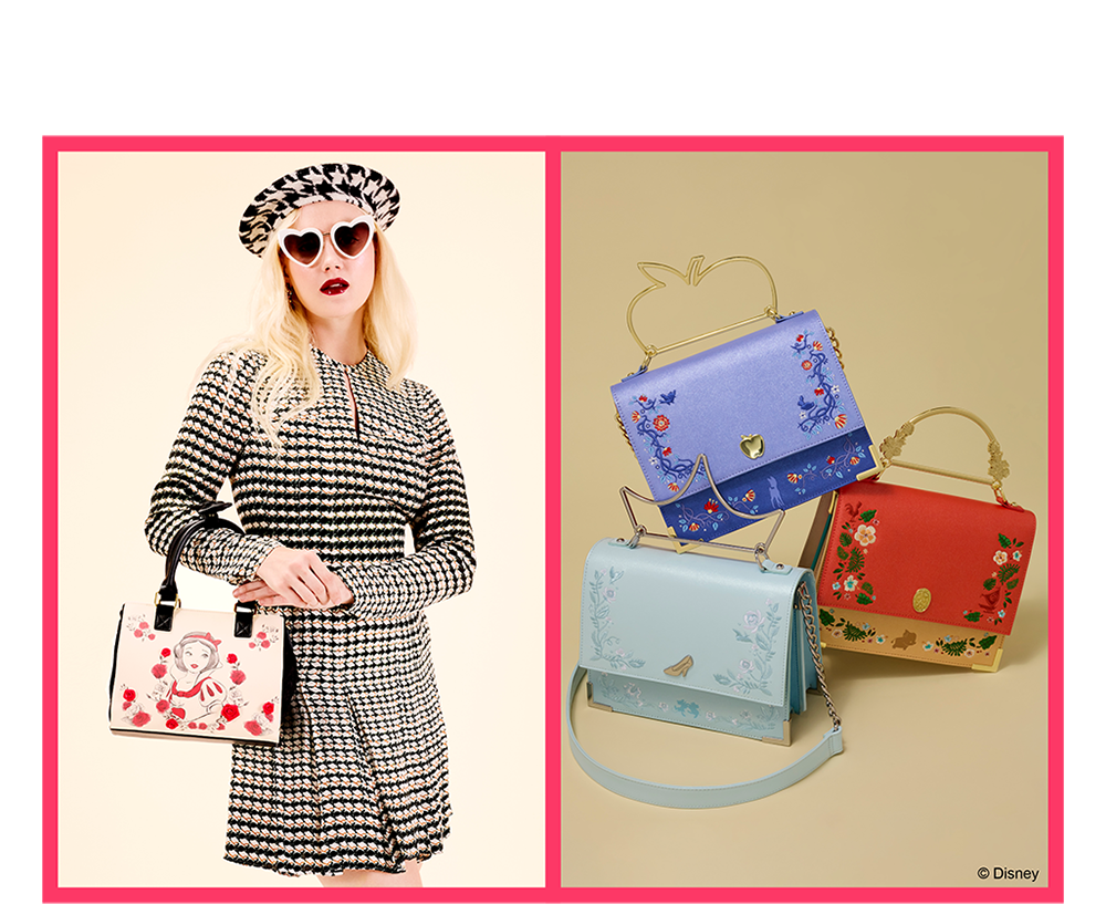 Pink border collage featuring Loungefly Disney Princess Style collection featuring bags inspired by Snow White, Cinderella, Moana, and more!