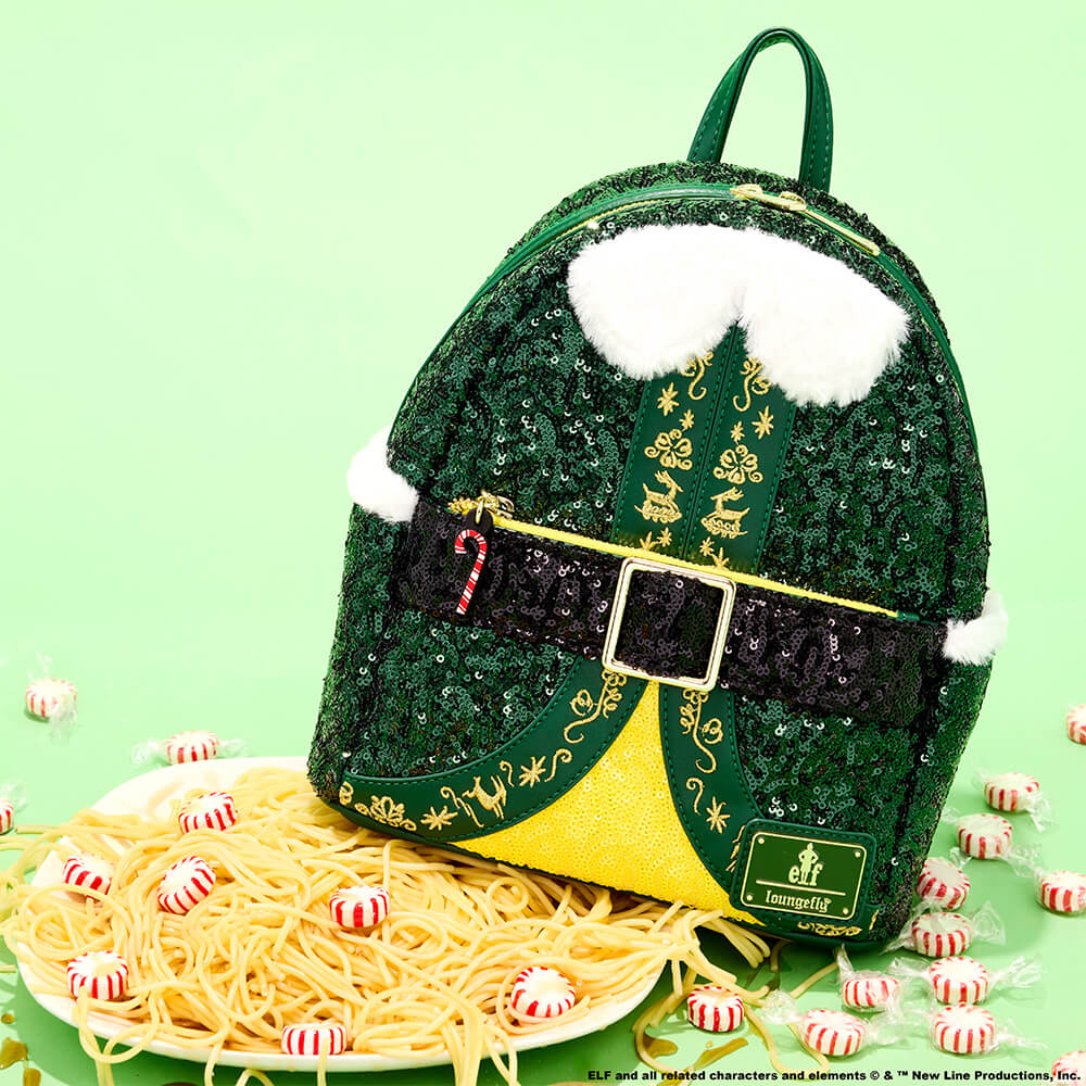 Green product background with spaghetti and peppermints featuring Elf Buddy Sequin Cosplay Mini Backpack