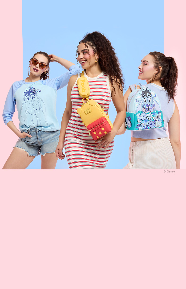 Pink and Blue background with models showcasing Loungefly June Winnie the Pooh collection featuring styles inspired by Eeyore and Pooh Bear
