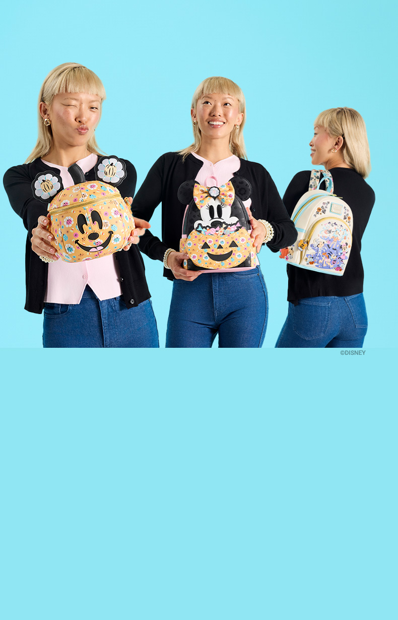 Blue background with model showcasing Loungefly August Disney Mickey & Friends Halloween collection