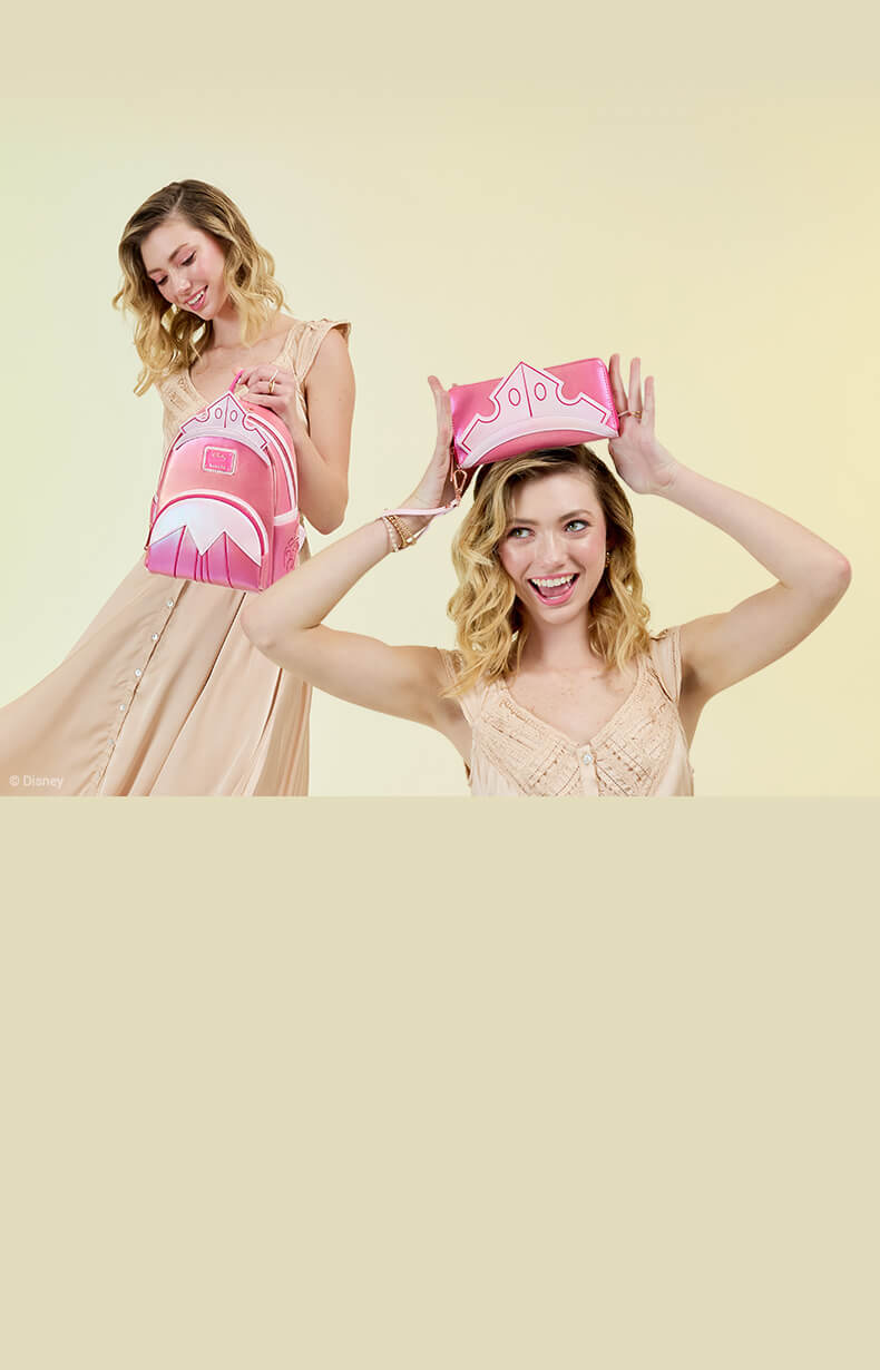 Light Green background with model showcasing Loungefly Exclusive April Sleeping Beauty collection