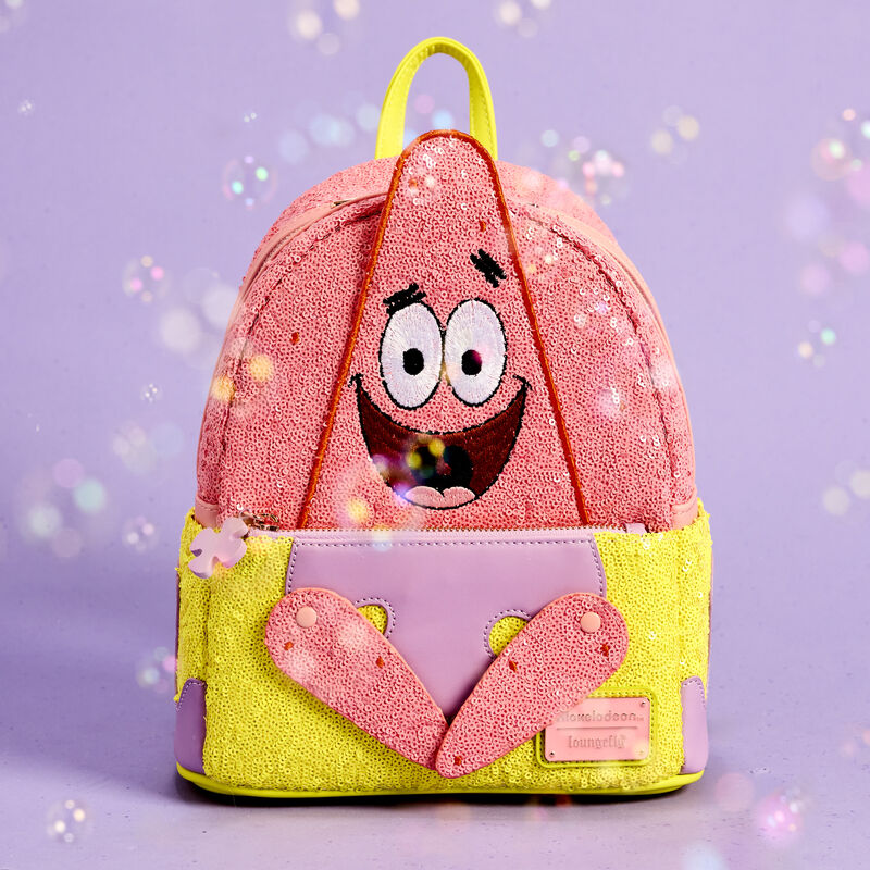 Sequin Loungefly mini backpack featuring Patrick Star from SpongeBob with movable arms. The bag sits against a purple background with bubbles floating around it. 