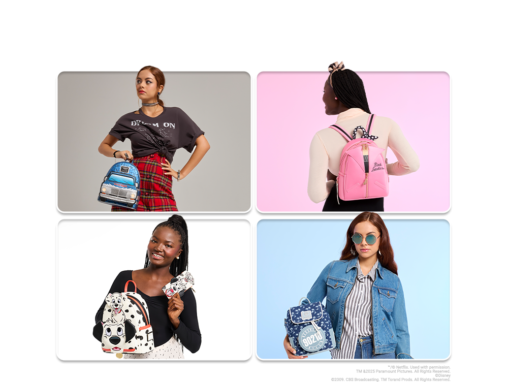 Collage with White curved borders featuring Loungefly Exclusives inspired by Stranger Things, Grease, 90210 and more