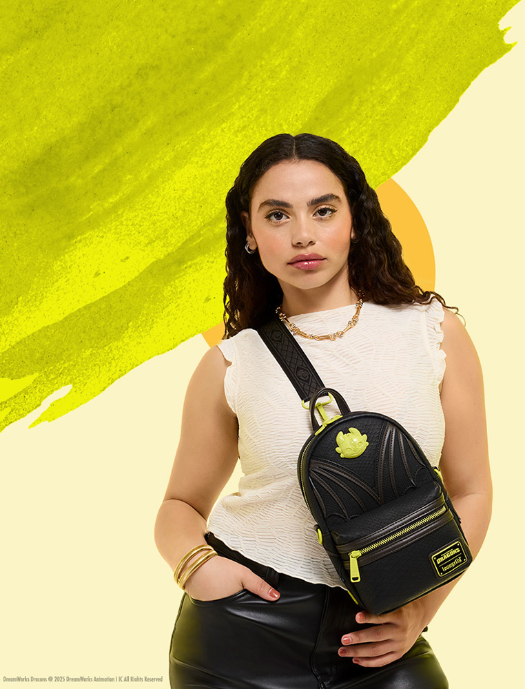 Green background with model featuring Loungefly DreamWorks How to Train Your Dragon Sling Bag