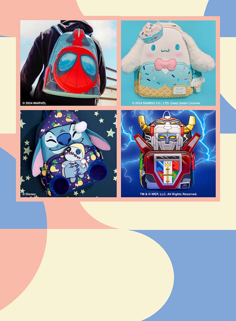 Pastel colored background featuring San Diego Comic Con 2024 Exclusives like Spiderman, Cinnamoroll, Stitch and Voltron