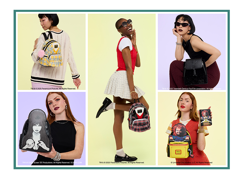Collage of models showcasing Loungefly July Movies & TV collection featuring styles inspired by Clueless, Elvira, Buffy and Chucky
