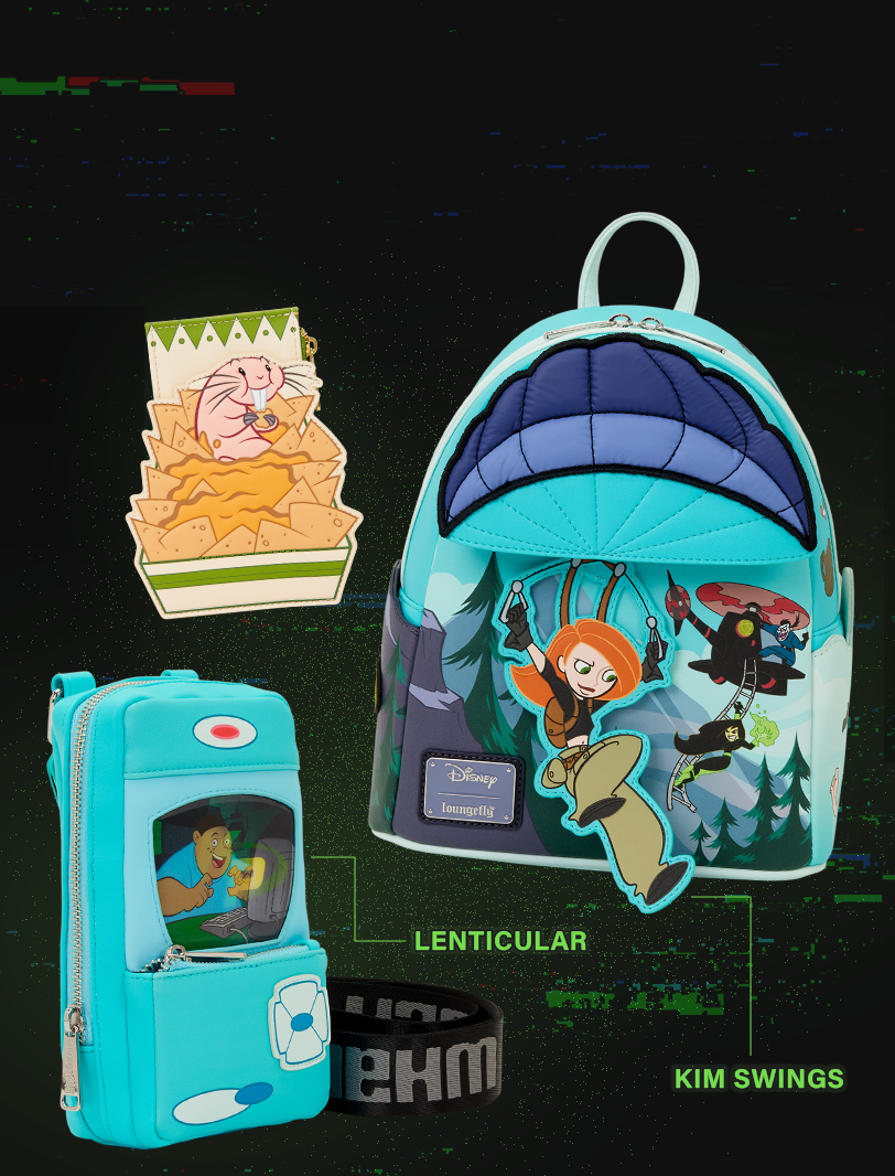 Black background featuring Loungefly Disney Kim Possible collection