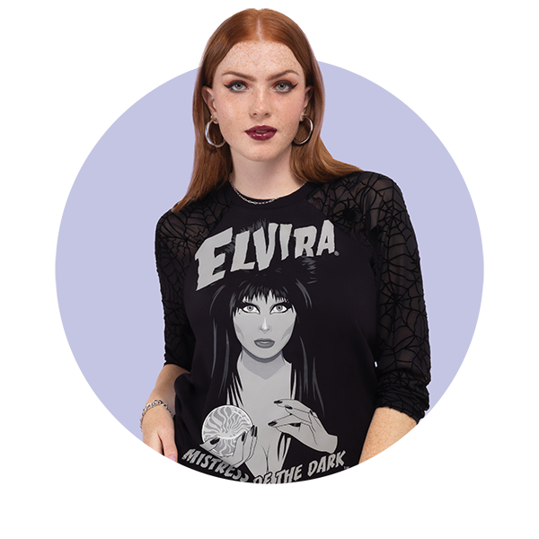 Circle-cropped photo with Purple background and model showcasing Loungefly Elvira Long Sleeve