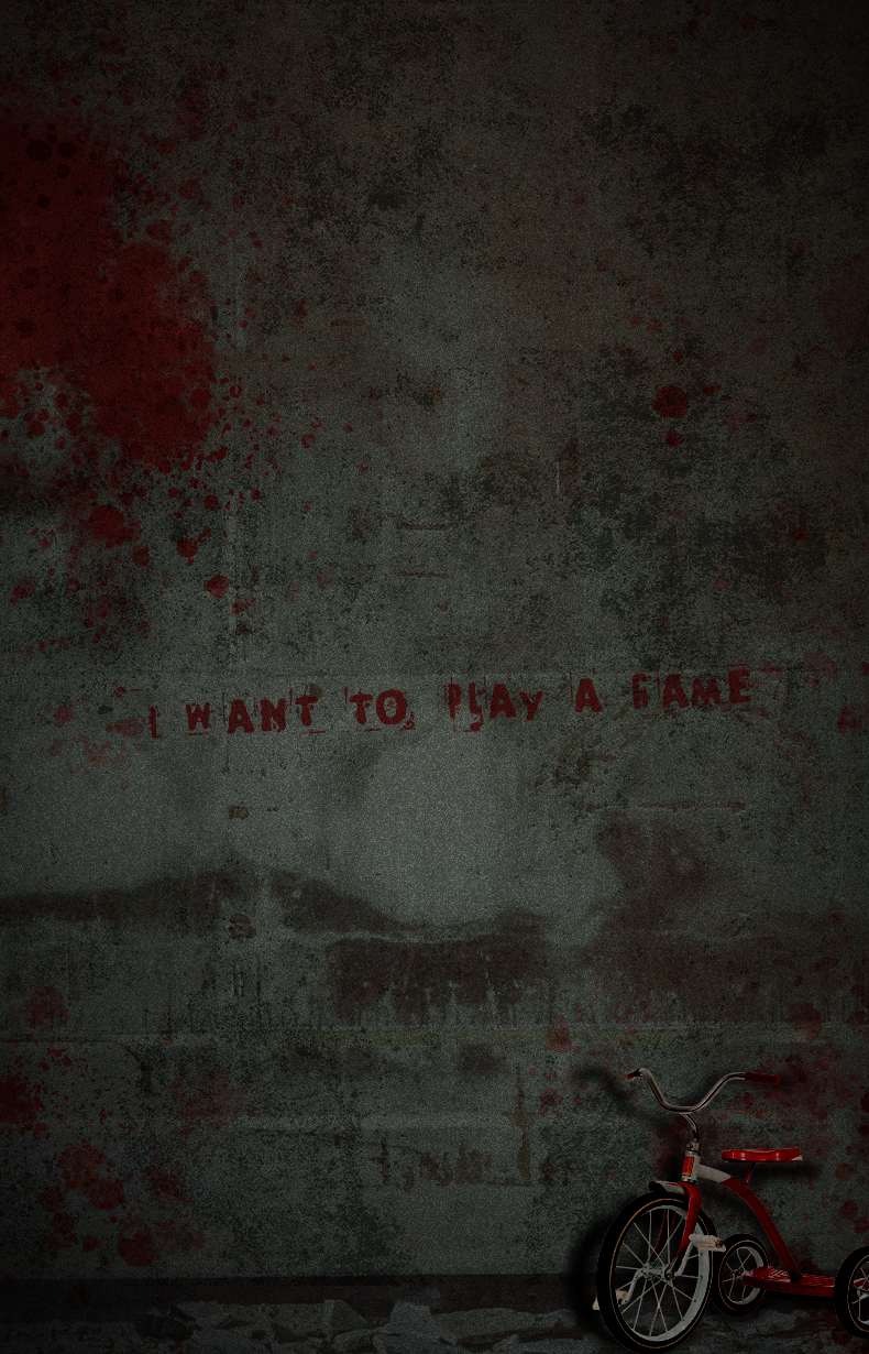Horror movie scene background with dity wall and blood splatters with eerie tricycle
