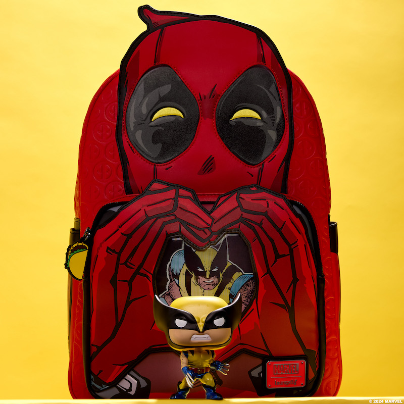 Red Loungefly backpack featuring a large appliqué of Deadpool making heart hands. In front of the bag stands a Wolverine Funko Pop! that comes with the bundle. The two stand against a yellow background.