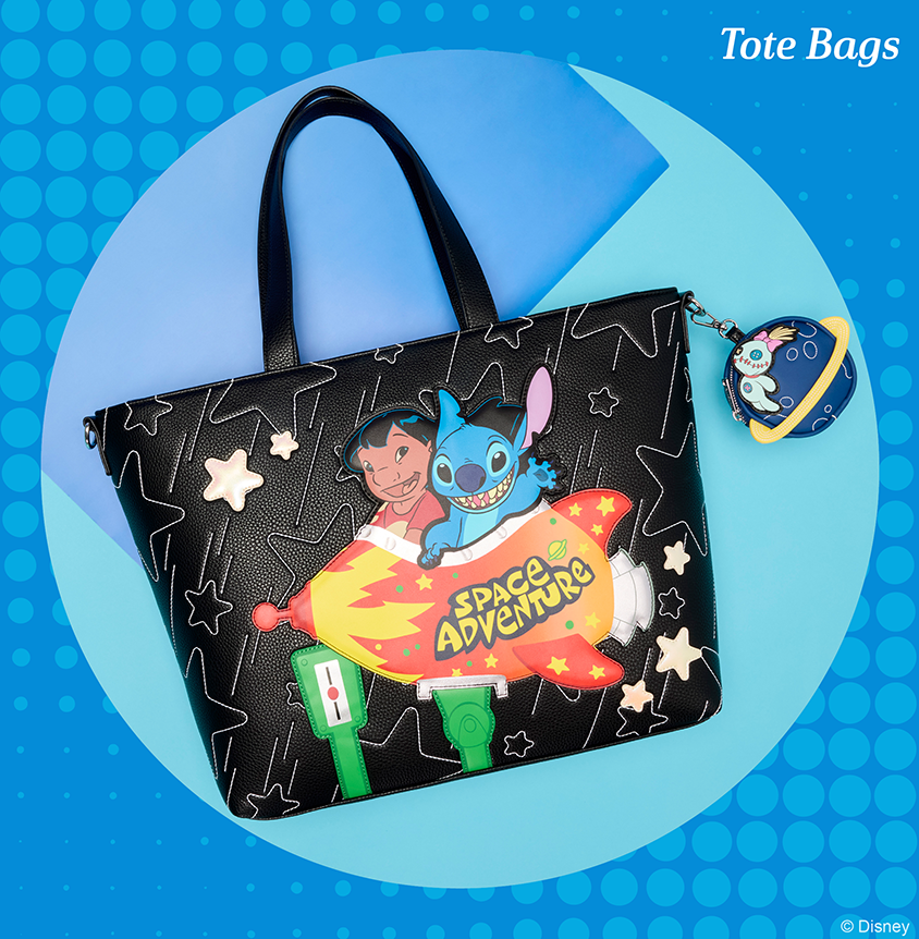 Blue dot background featuring Loungefly Disney Lilo & Stitch Tote Bag