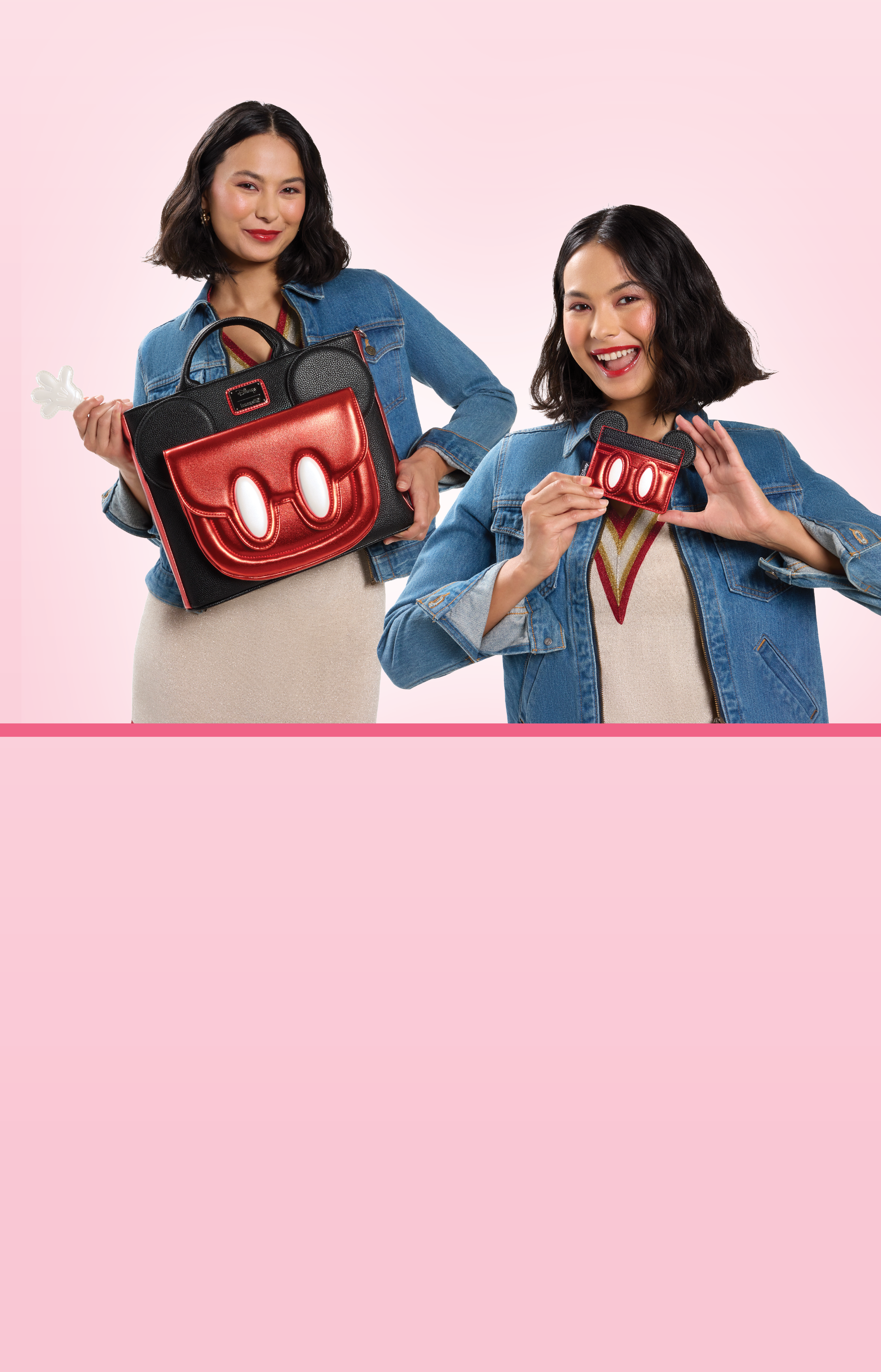 Pink background with model showcasing Loungefly Disney Mickey Mouse Exclusive collection