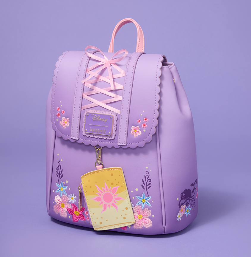 Purple background featuring Loungefly Exclusive Disney Tangled mini backpack