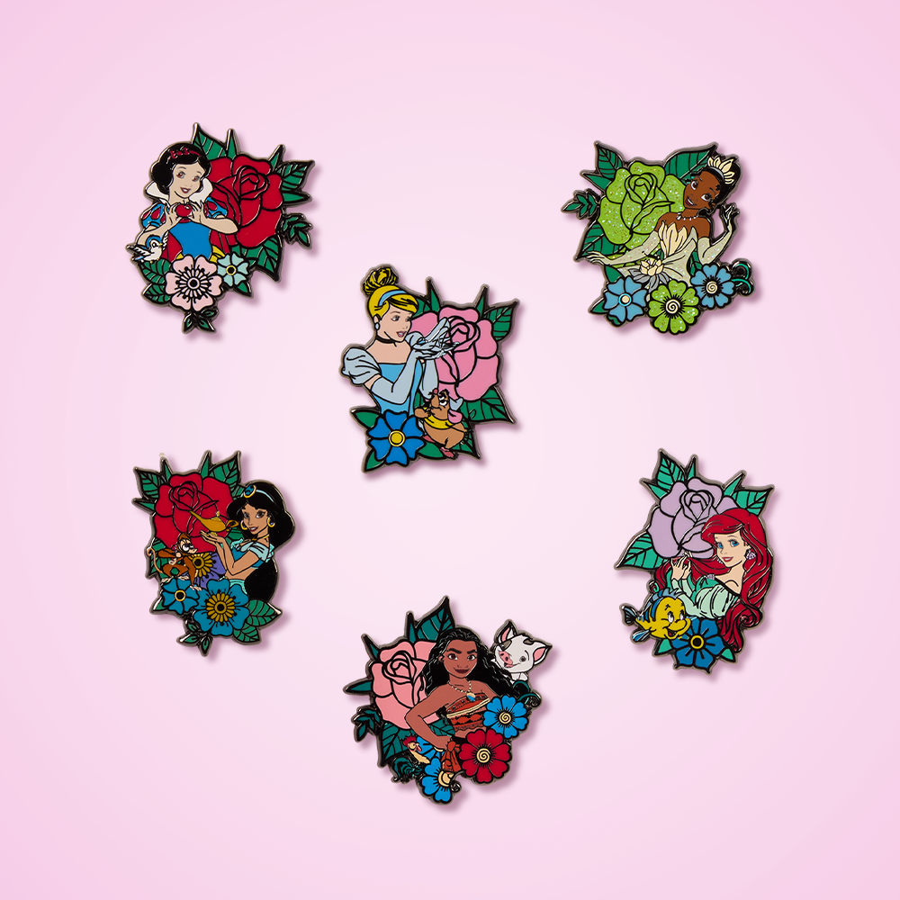 Pink background featuring Loungefly Disney Princesses Floral enamel pins