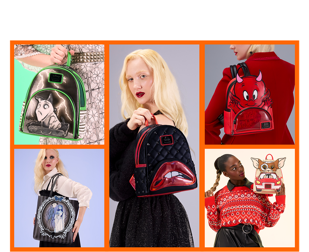 Orange border collage featuring Loungefly spooky movies style with styles inspired by Rocky Horror Picture Show, Casper and more