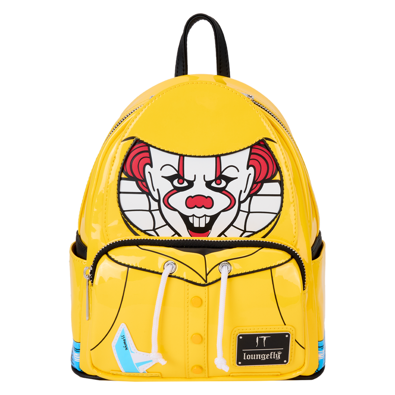 Loungefly mini backpack featuring Pennywise the Dancing Clown from It wearing a yellow rain jacket. The bag sits against a white background. 