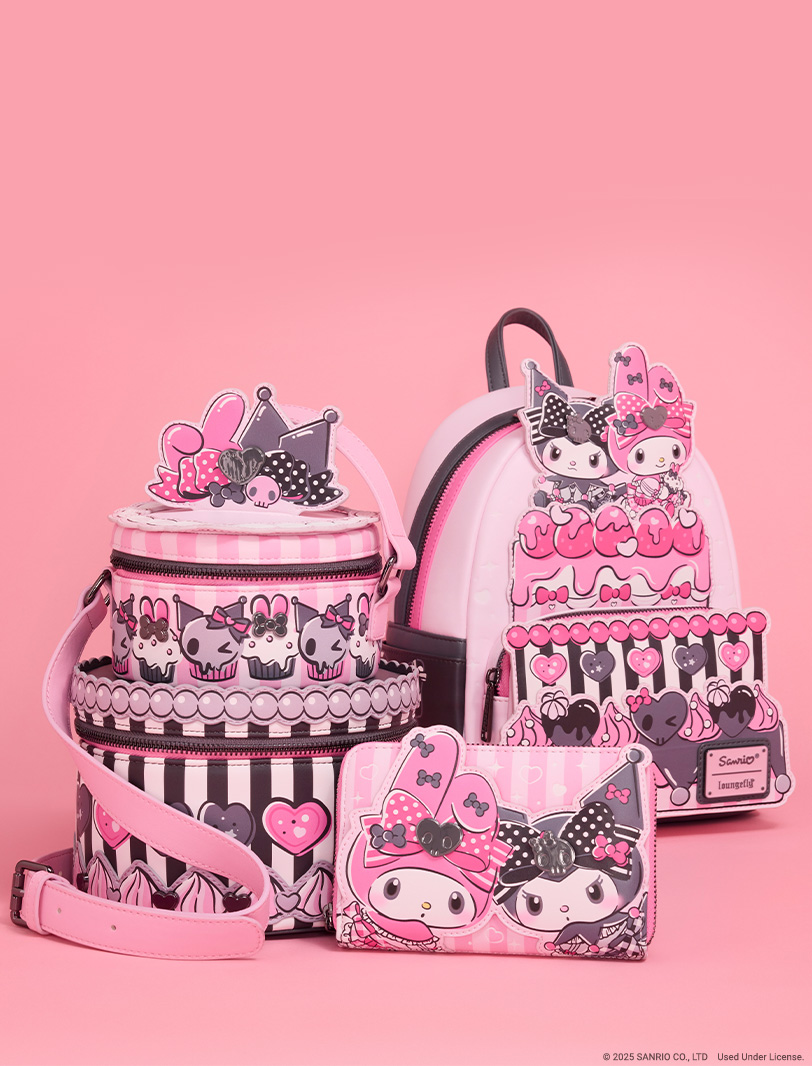 Pink product background featuring Loungefly July Sanrio My Melody & Kuromi collection