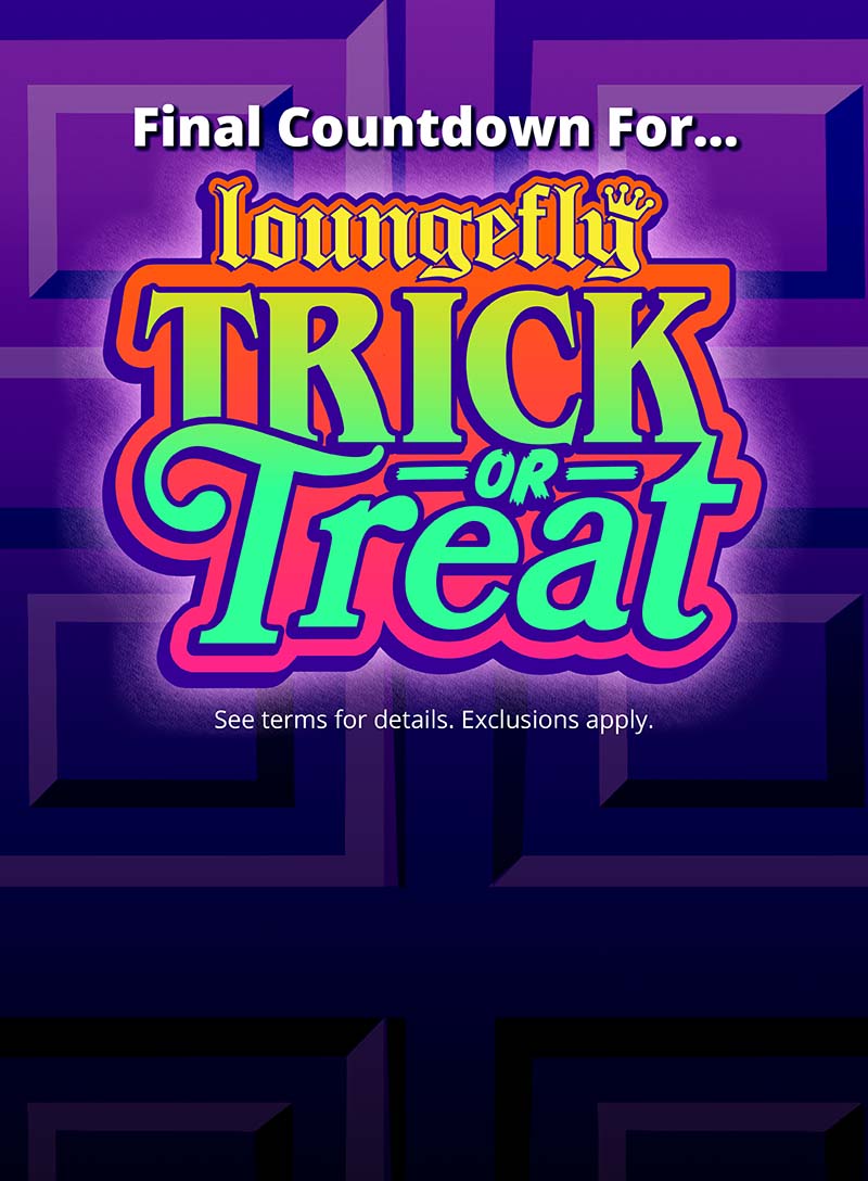 Purple gradient door background with Loungefly October Trick or Treat promo logo lock up