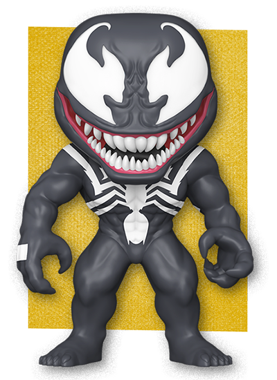 Yellow rectangle background featuring Funko POP Marvel Rivals