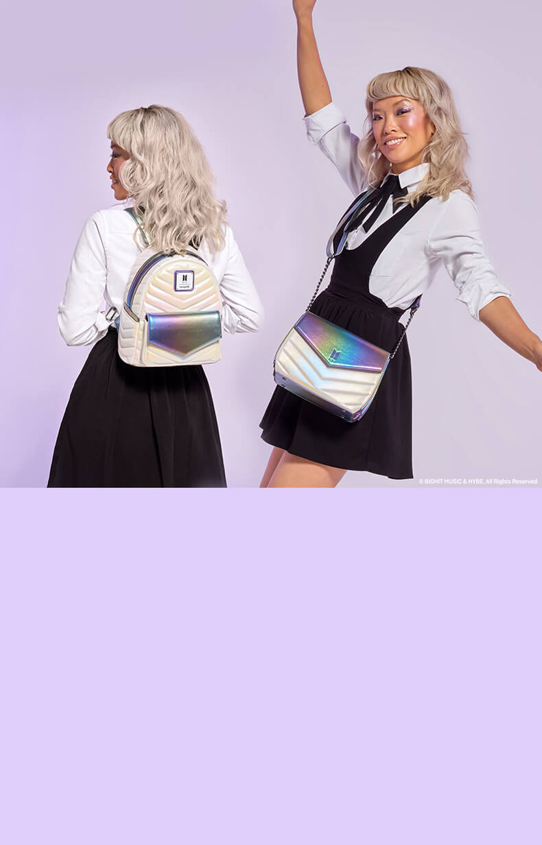 Purple background with model showcasing Loungefly March BTS Iridescent collection