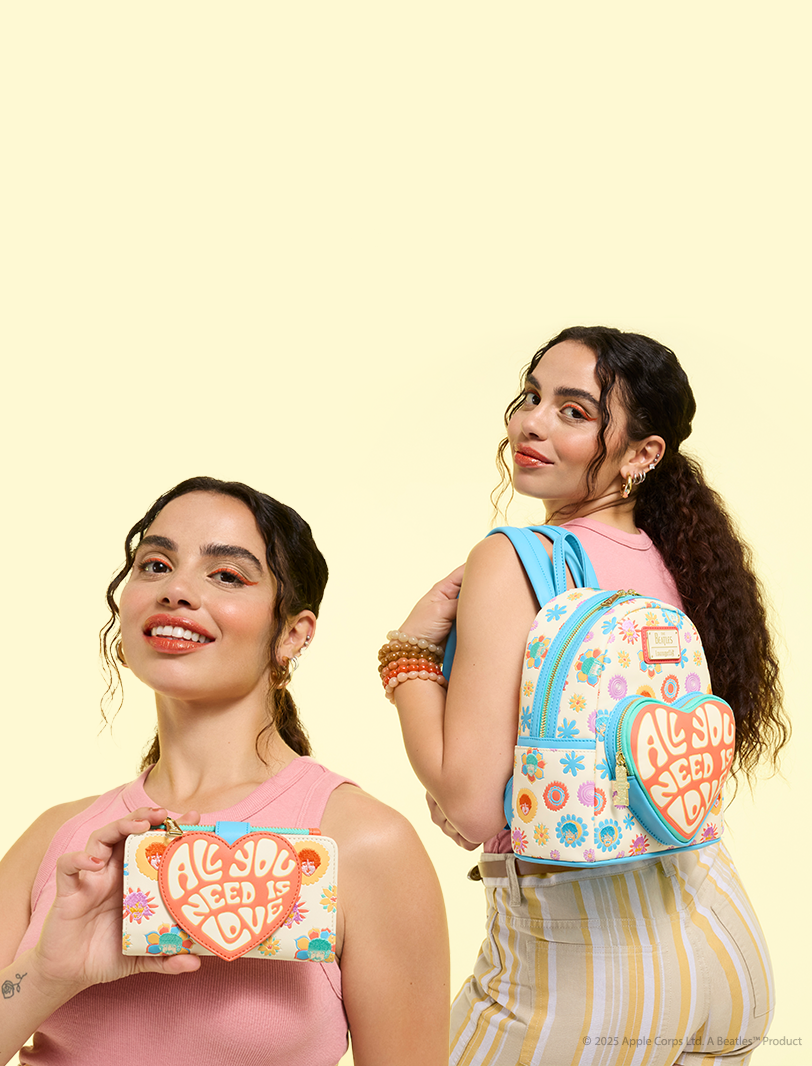 Yellow background with model showcasing June Loungefly The Beatles collection