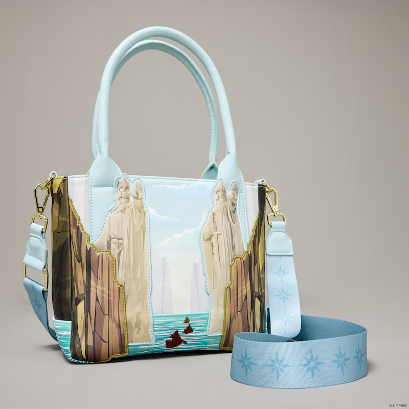Image of the Exclusive Loungefly Lord of the Rings The Argonath Mini Tote Crossbody Bag. It sits against a grey background. 