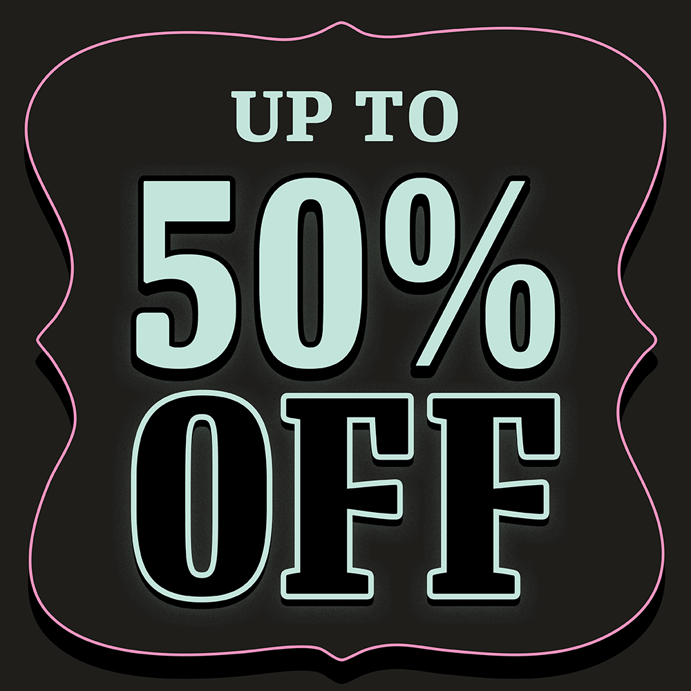 Black background with Pink border with Teal text for Loungefly's Black Friday sale. Click now to shop up to 50% off!