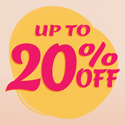 Tan background with Yellow circle and Pink text messaging "Up to 20% Off" styles. Click to shop now!