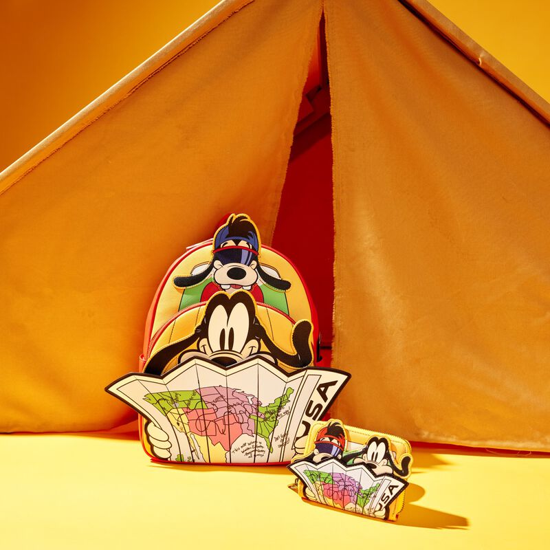 Image of the A Goofy Movie Mini Backpack and Wallet standing in front of an orange tent