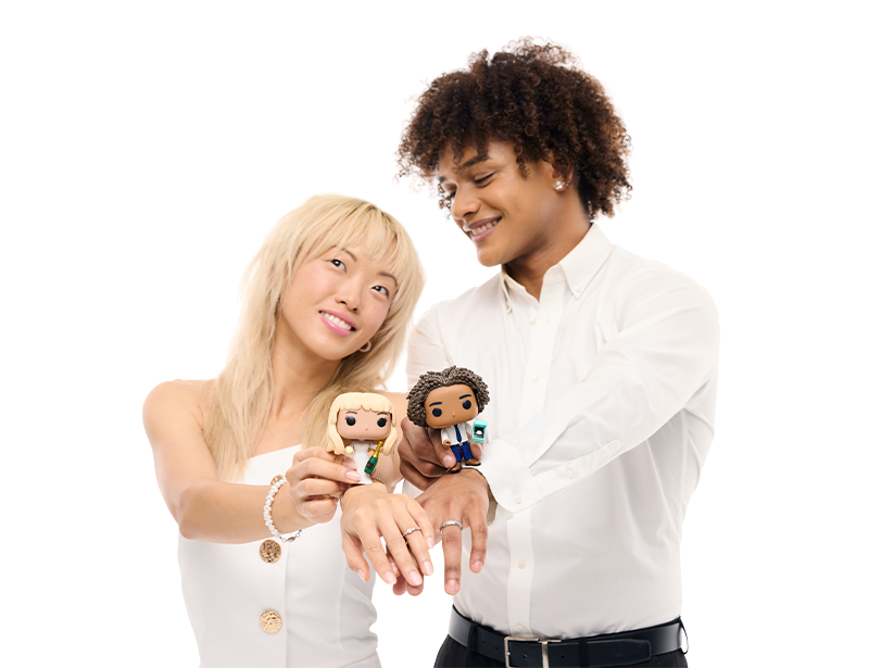 Models wearing wedding outfits and holding custom Pop! Yourself figures
