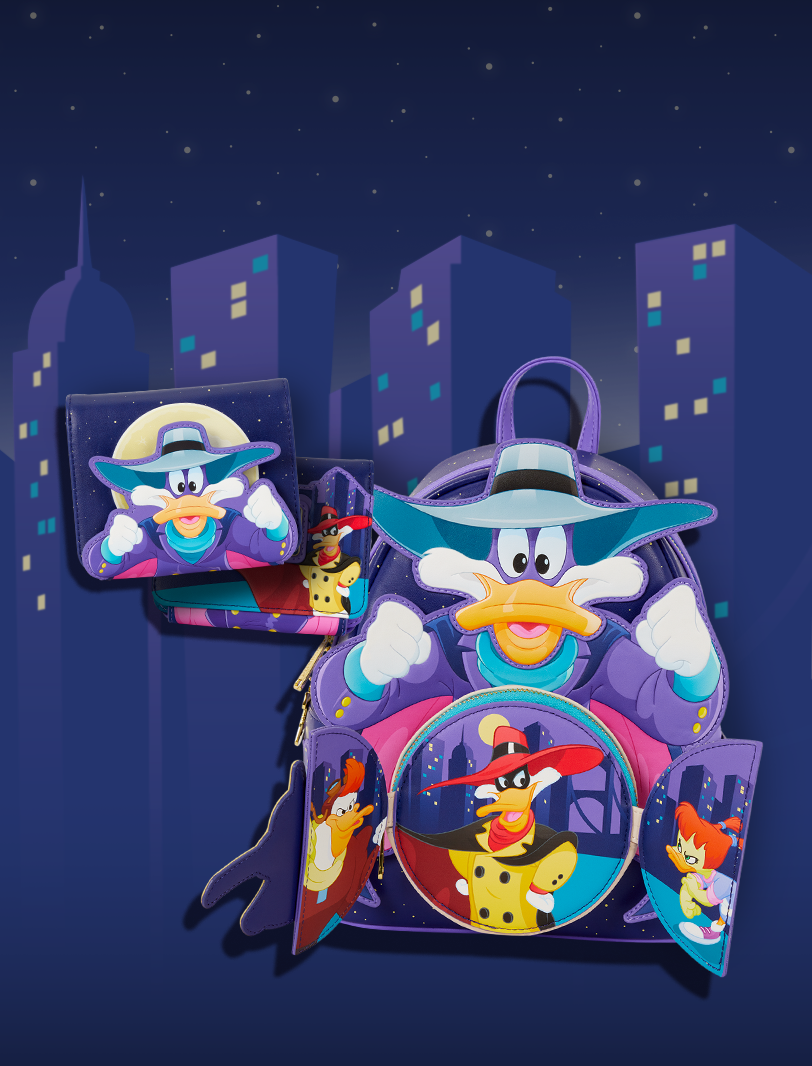 Nighttime background with cartoon city skyline featuring Loungefly Disney Darkwing Duck collection