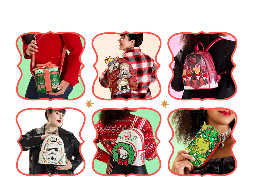 Collage of Loungefly Holiday styles inspired by fan-favorite movies and tv shows like Home Alone, Mean Girls, and more!