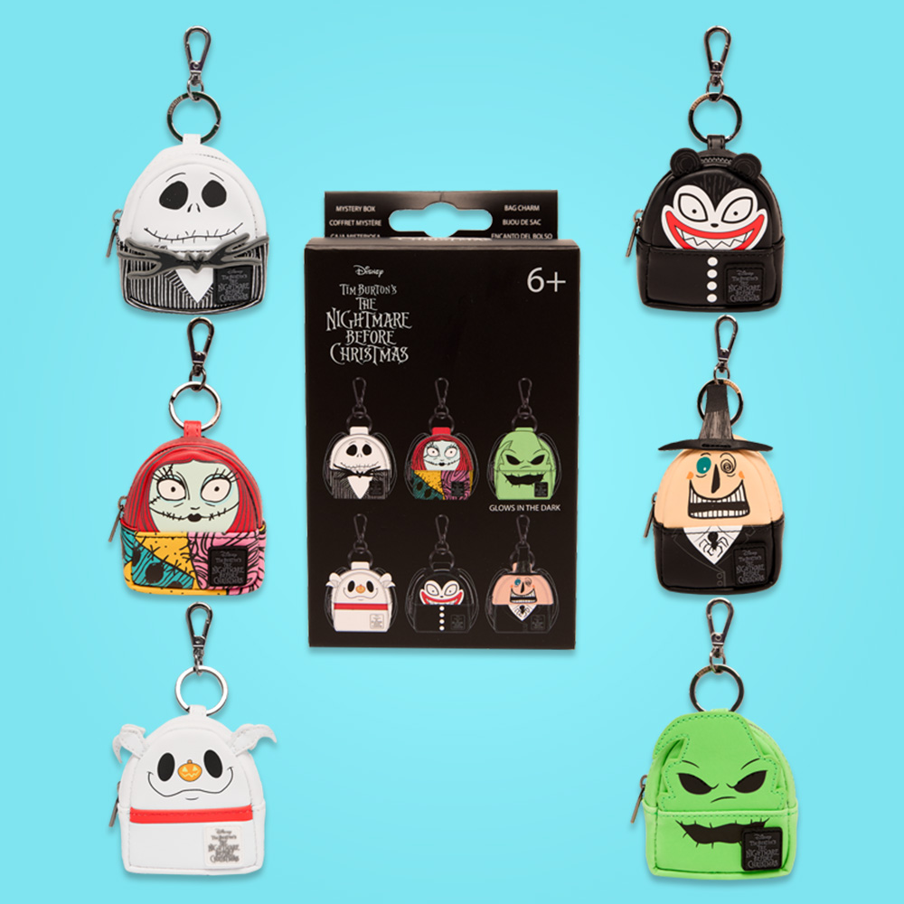 Baby Blue background featuring Loungefly Nightmare Before Christmas Mystery Mini Backpacks