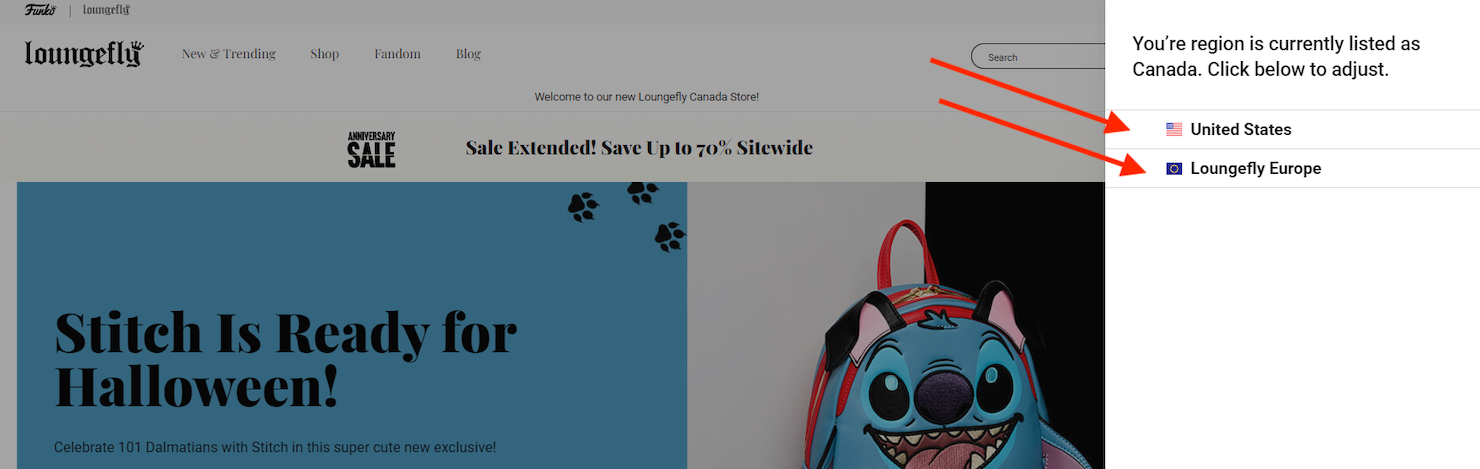 Screenshot of the Loungefly site showing that when you click on the flag icon in the upper right corner, a list pops up with options of the different countries' Loungefly sites you can visit