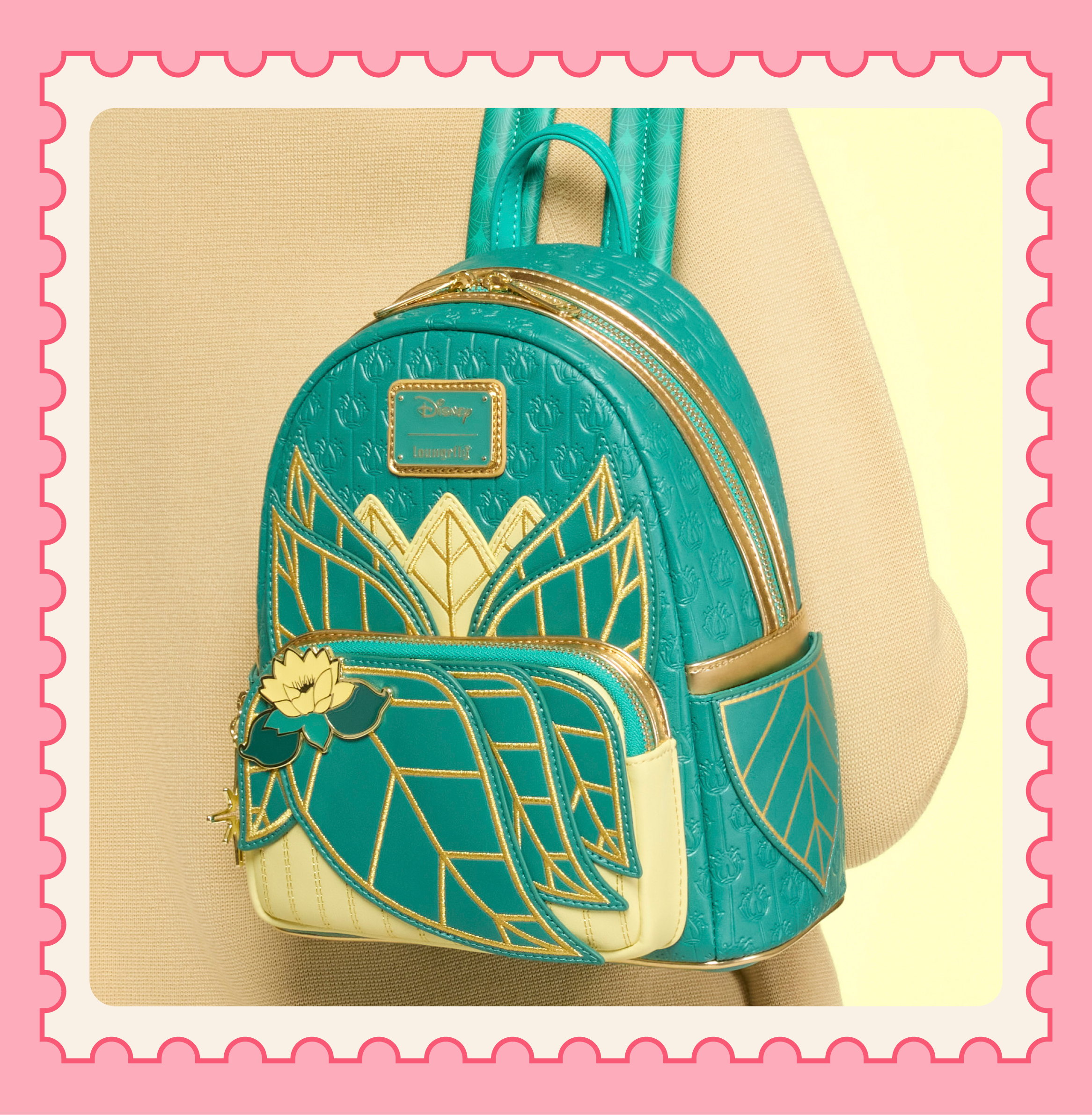 Pink background with model wearing Disney Princess and the Frog Mini Backpack