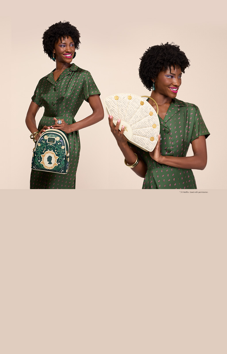 Tan background with model showcasing Loungefly Netflix Bridgerton collection