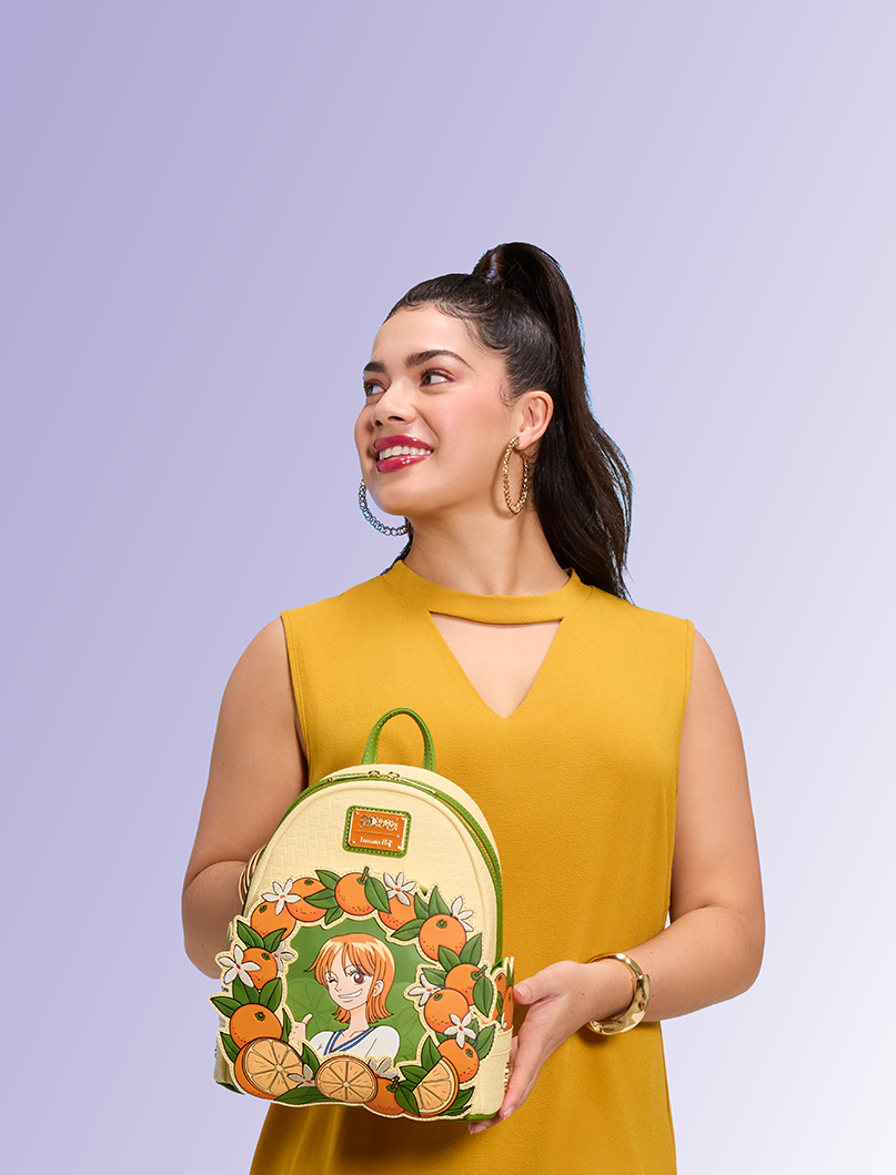 Purple radial gradient background with model showcasing Loungefly One Piece Nami exclusive