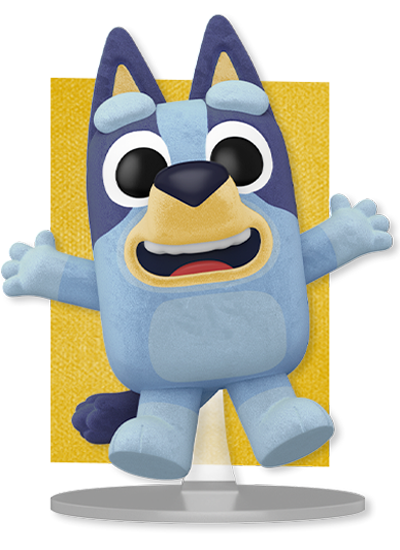 Yellow rectangle featuring Funko Pop! Bluey