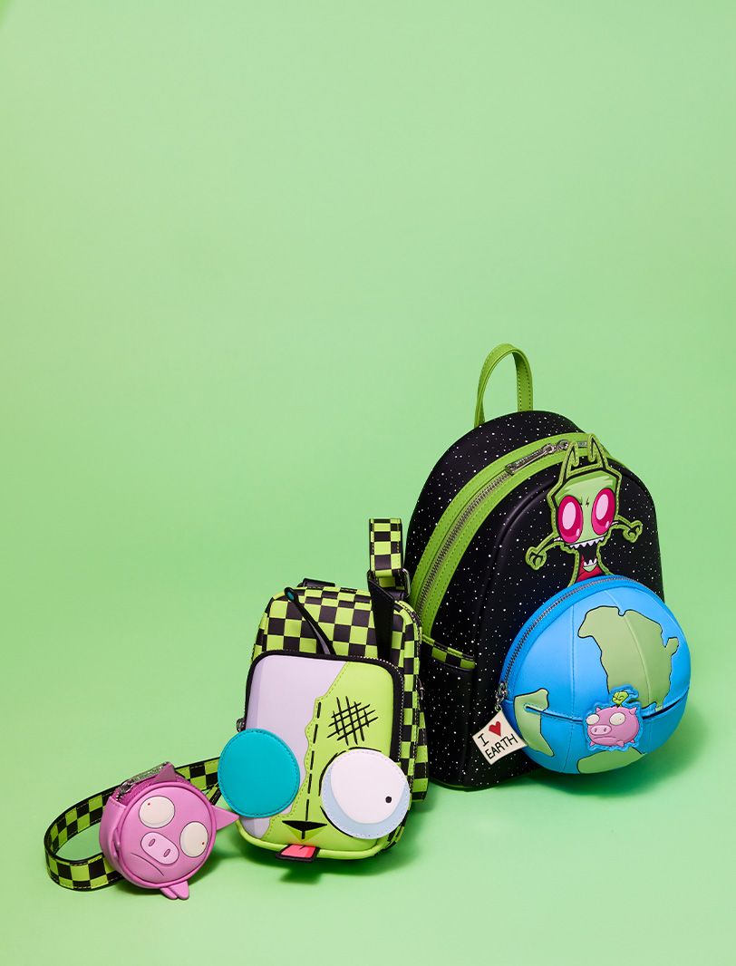 Green product background featuring Loungefly Nickelodeon Invader Zim collection