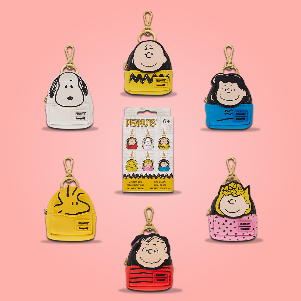 Pink background featuring Loungefly Peanuts Mystery mini backpack keychains