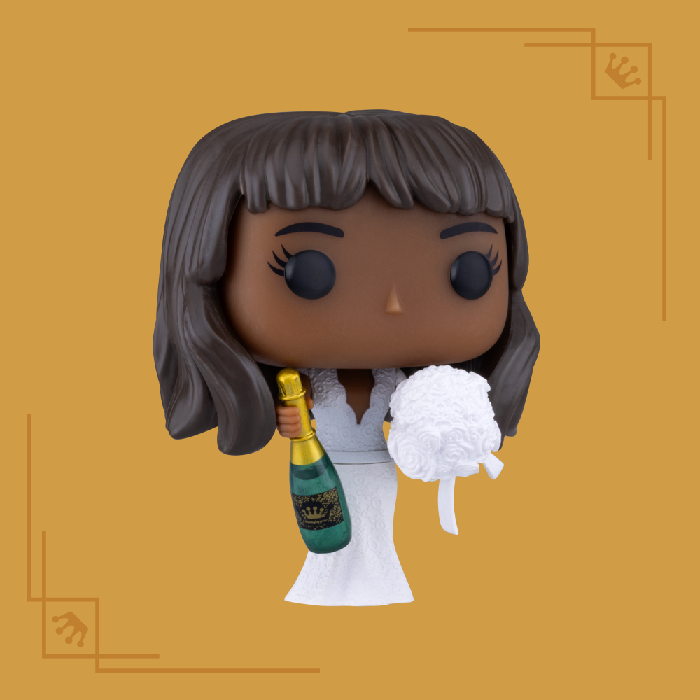 Dark Tan background with custom Funko POP! holding champagne bottle and bouquet of flowers