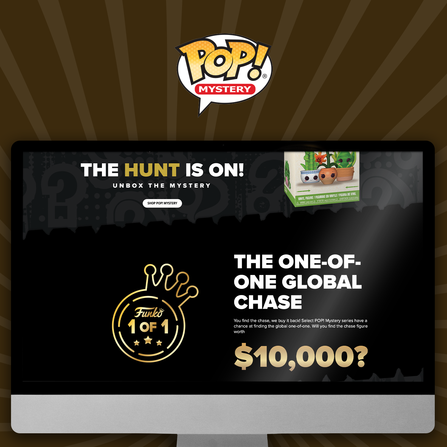 Dark Gold background with burst effect featuring Funko Pop! Mystery logo and computer screen of Pop! Mystery info page