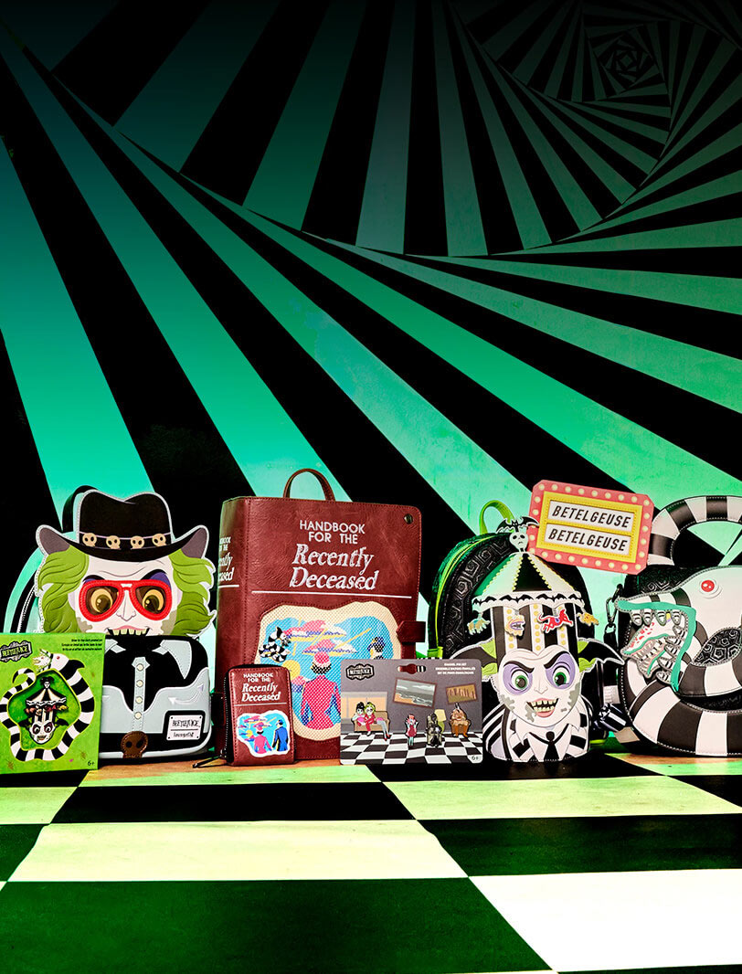 Green black pattern background featuring Beetlejuice collection accessories