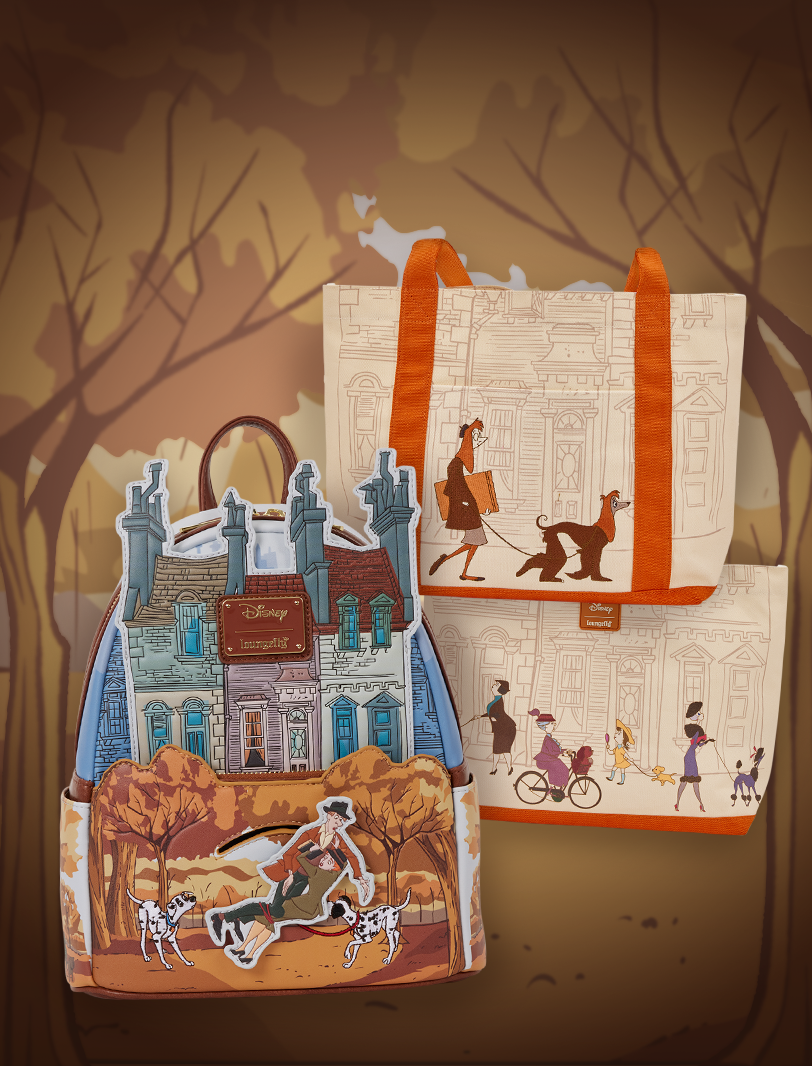 Autumn background with trees and soft glow featuring Loungefly Disney 101 Dalmatians collection
