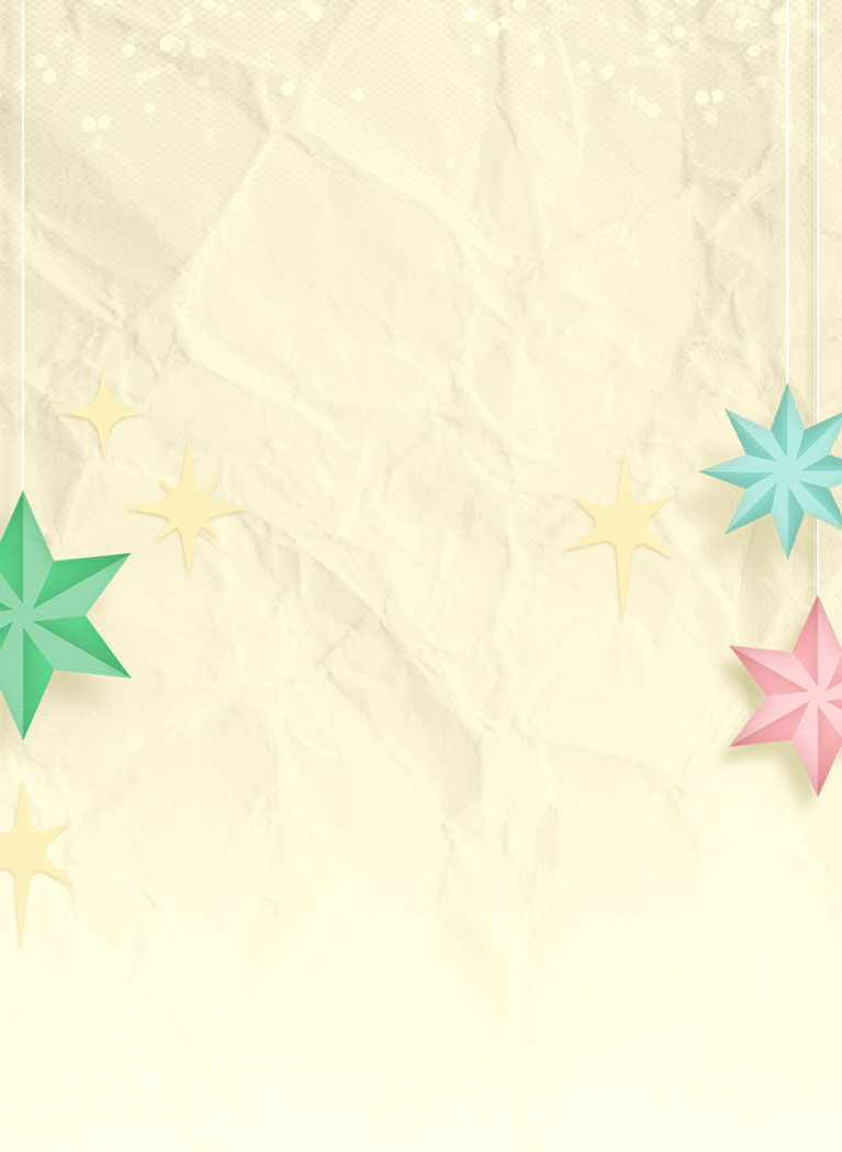 Yellow crumpled paper background featuring holiday stars and confetti